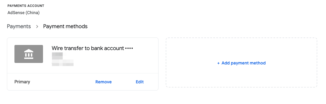 AdSense dashboard showing the option to add a payment method
